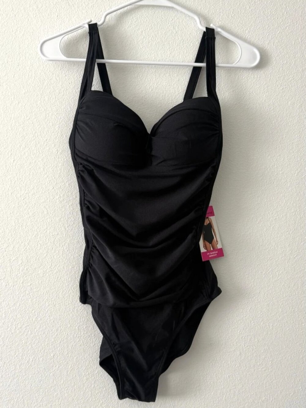 Betsey Johnson Black Bandeau One-Piece Swimsuit Ruched Tummy Control S NWT